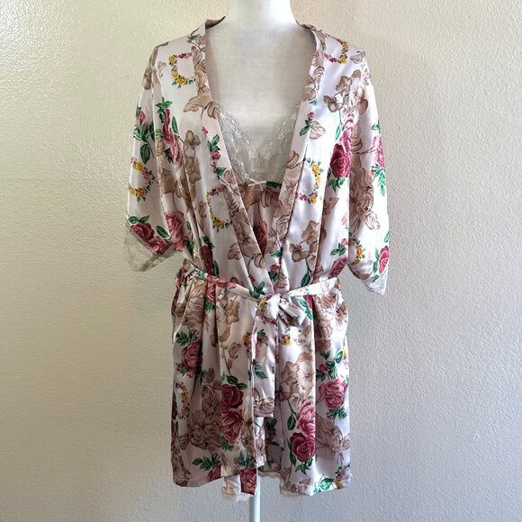 Circa 2000s Vtg Beige Floral Night gown Matching Robe Set Women's L - Picture 2 of 8
